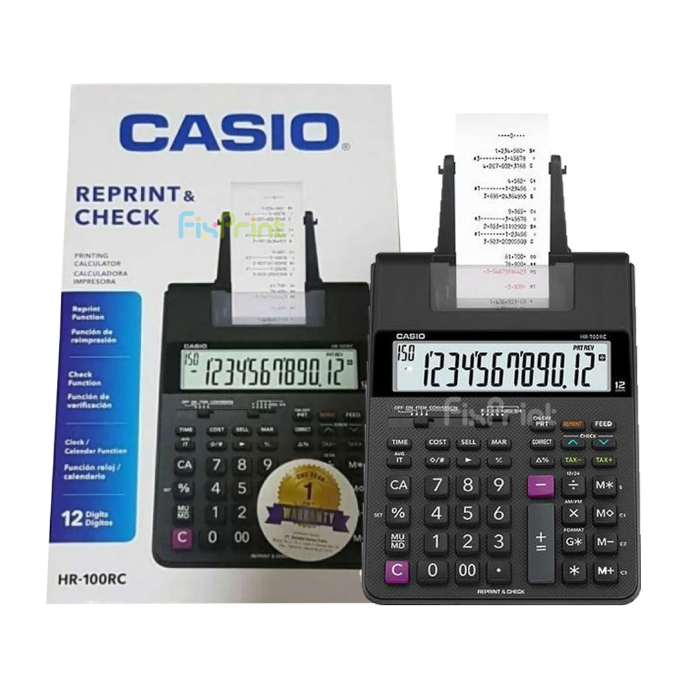 Kalkulator Casio HR-100RC 12 Digit, Calculator Printing 12 Digits Kalkulator Cetak Struk HR 100RC Original